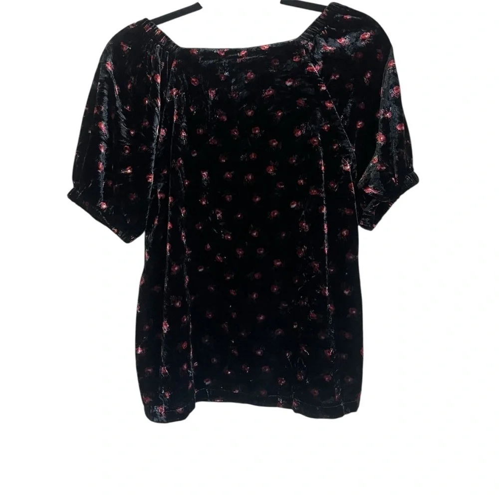 Loft Velvet Floral Rose Puff Sleeve Top Black Size Small